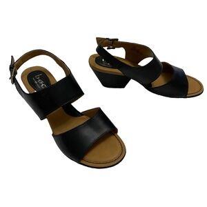 b.o.c. Black Leather Open Toe Low Wedge Heel Sandals Slingback 8
